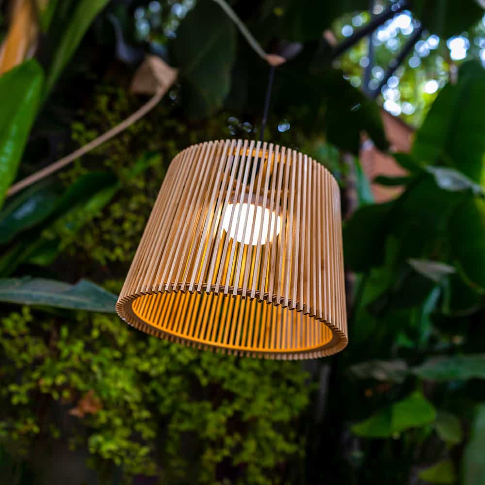 Okinawa Hang by Newgarden: Handmade bamboo pendant lamp with wireless, rechargeable Cherry bulb and 3-meter cord, perfect for outdoor spaces.